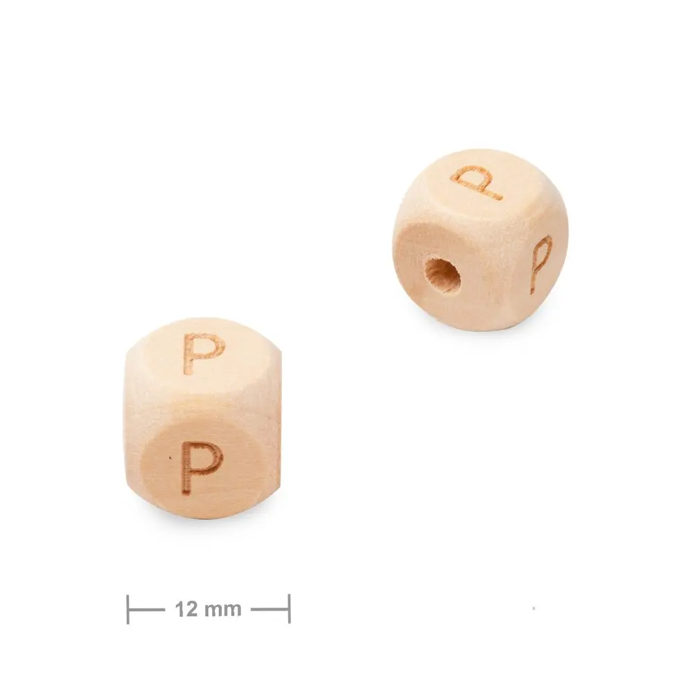Dřevěný korálek kostka 12 mm s písmenem P - 10 ks