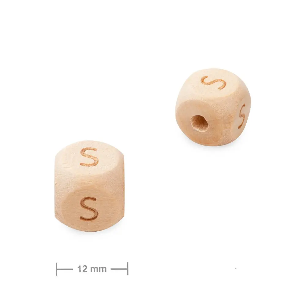 Dřevěný korálek kostka 12 mm s písmenem S - 1 ks