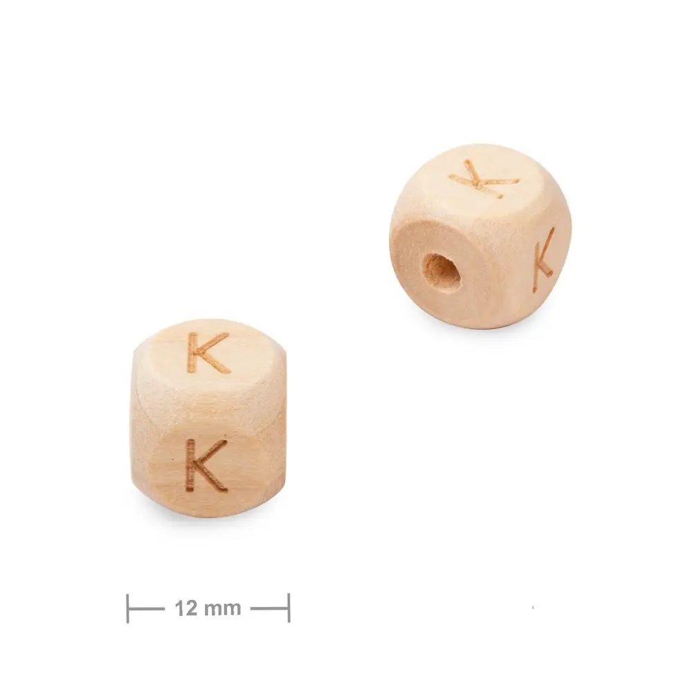 Dřevěný korálek kostka 12 mm s písmenem K - 10 ks