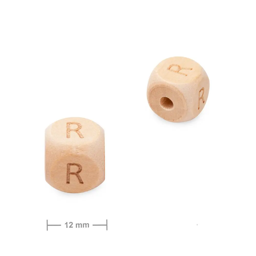 Dřevěný korálek kostka 12 mm s písmenem R - 1 ks