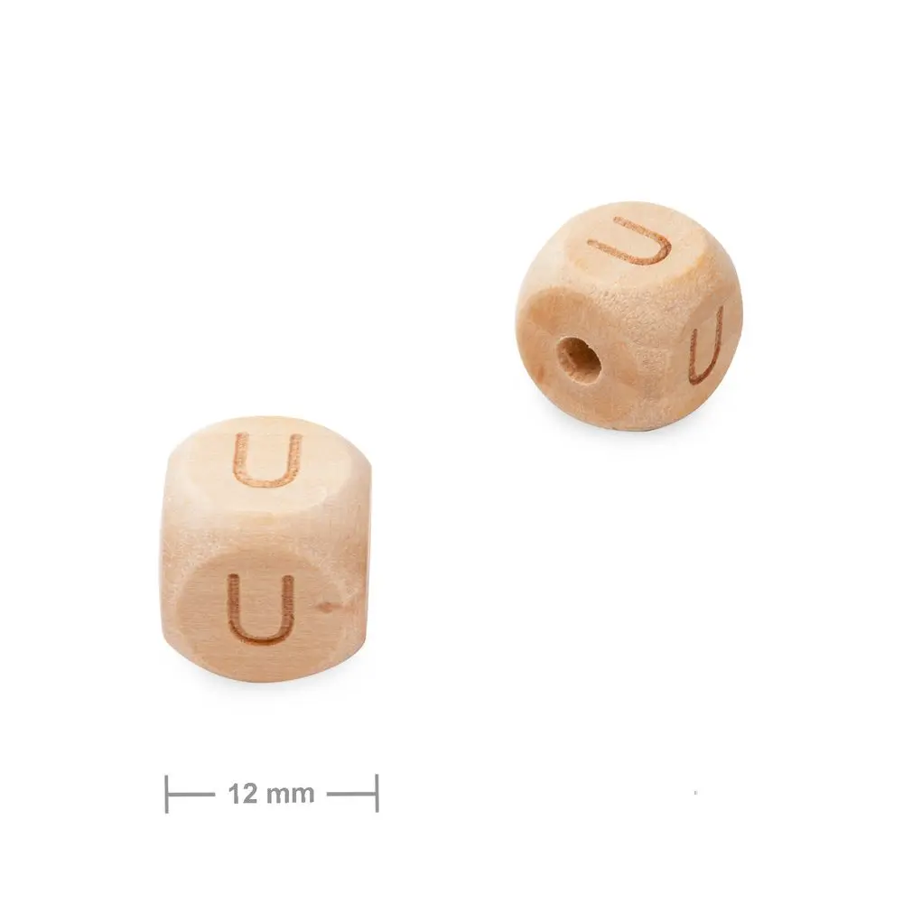 Dřevěný korálek kostka 12 mm s písmenem U - 1 ks