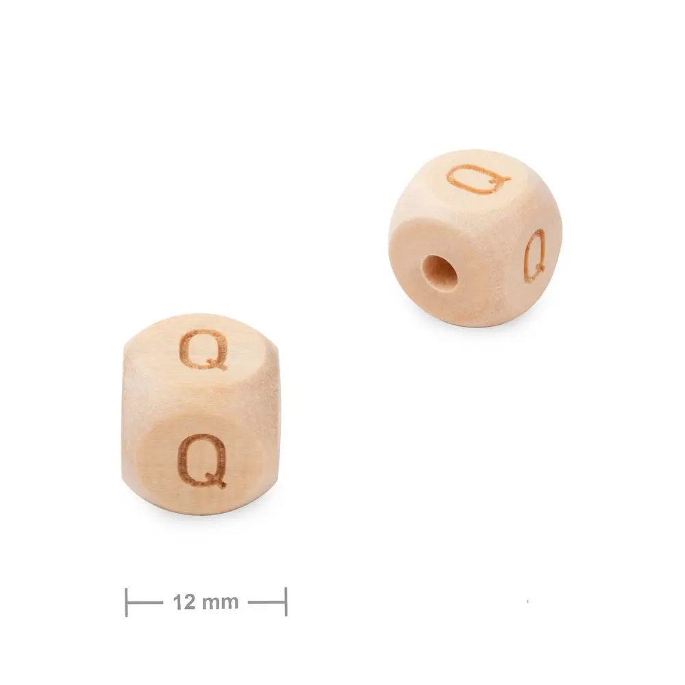 Dřevěný korálek kostka 12 mm s písmenem Q - 1 ks