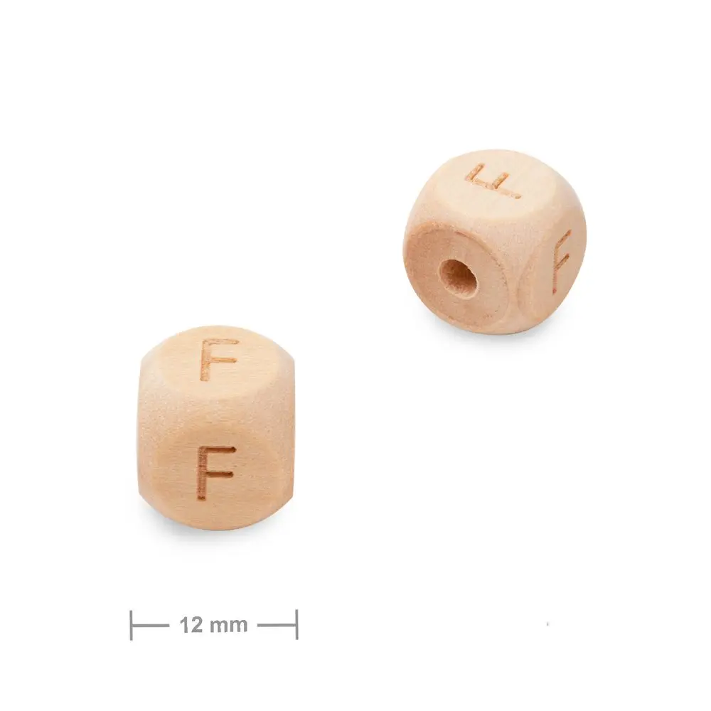 Dřevěný korálek kostka 12 mm s písmenem F - 10 ks
