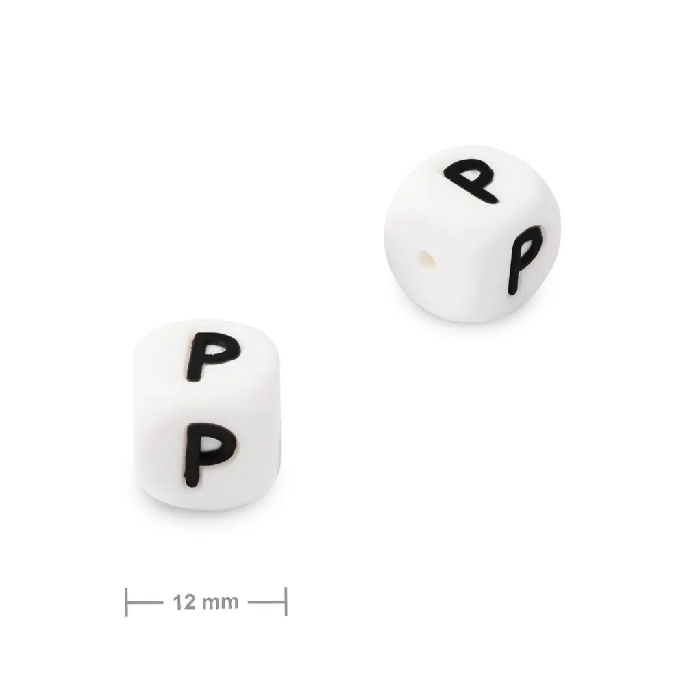 Silikonový korálek kostka 12 mm s písmenem P - 10 ks