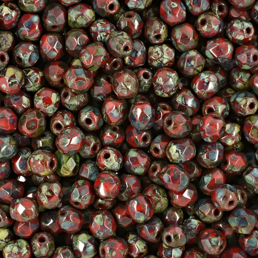 Manumi české broušené korálky 4 mm Opaque Red Picasso - 225 ks