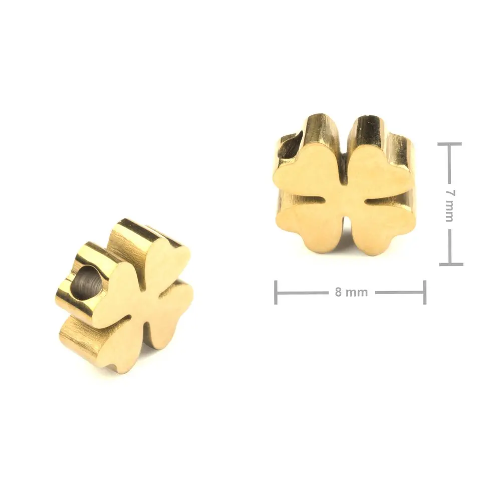 Korálek z chirurgické oceli ve tvaru čtyřlístku 7 x 8 mm v barvě zlata - 1 ks