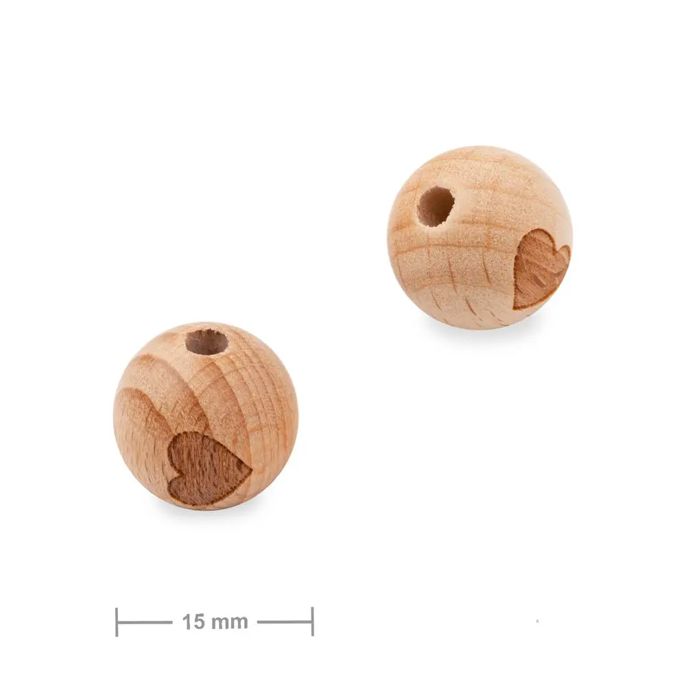 Dřevěné korálky kulička 15 mm s motivem srdce - 2 ks