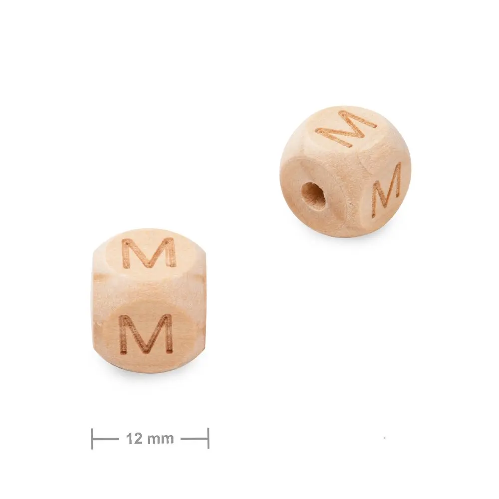 Dřevěný korálek kostka 12 mm s písmenem M - 1 ks