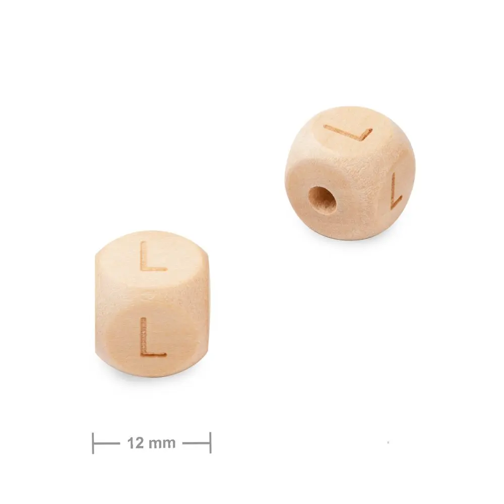Dřevěný korálek kostka 12 mm s písmenem L - 10 ks