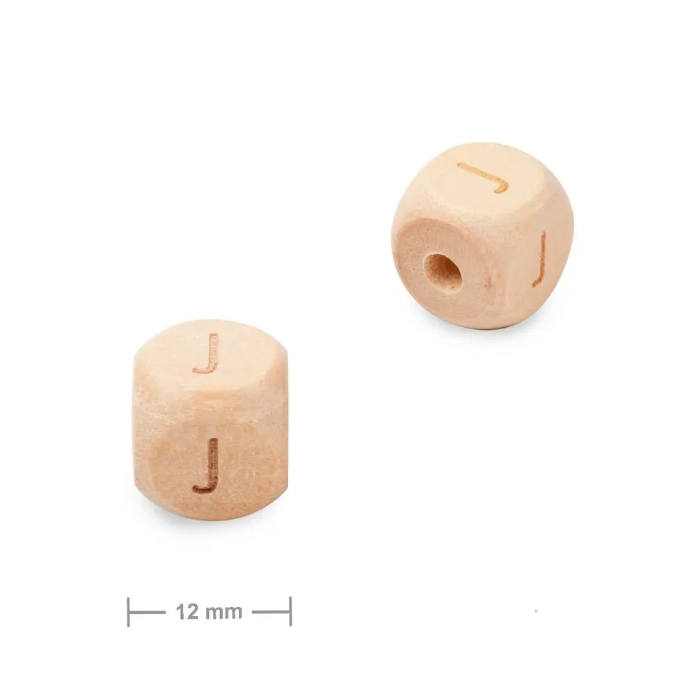 Dřevěný korálek kostka 12 mm s písmenem J - 1 ks