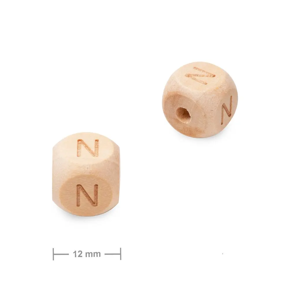 Dřevěný korálek kostka 12 mm s písmenem N - 10 ks