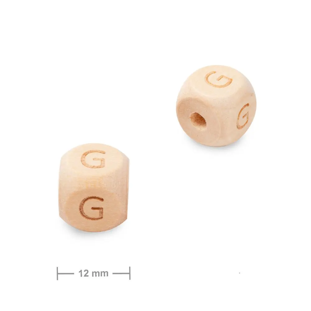 Dřevěný korálek kostka 12 mm s písmenem G - 10 ks