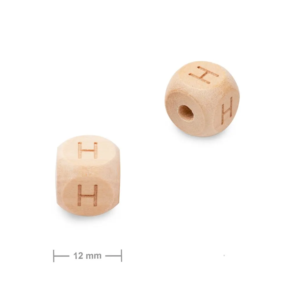 Dřevěný korálek kostka 12 mm s písmenem H - 1 ks