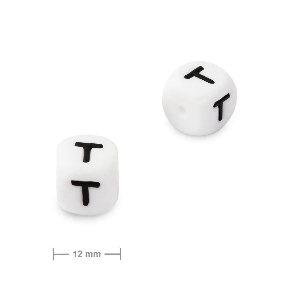 Silikonový korálek kostka 12 mm s písmenem T - 10 ks