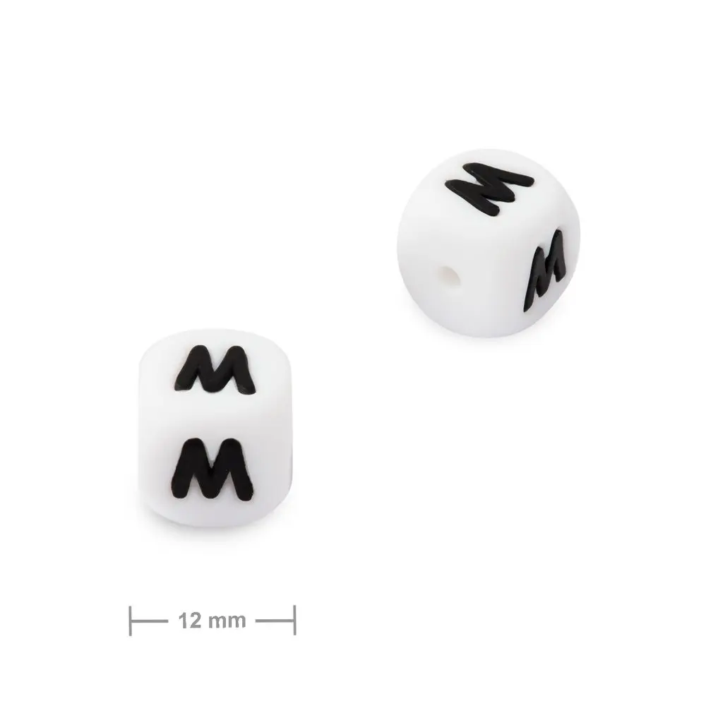 Silikonový korálek kostka 12 mm s písmenem M - 10 ks