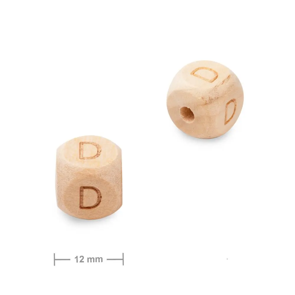 Dřevěný korálek kostka 12 mm s písmenem D - 1 ks
