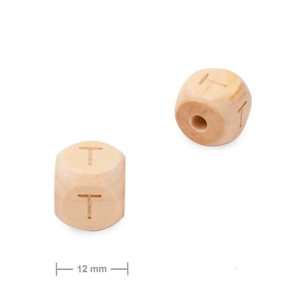 Dřevěný korálek kostka 12 mm s písmenem T - 10 ks