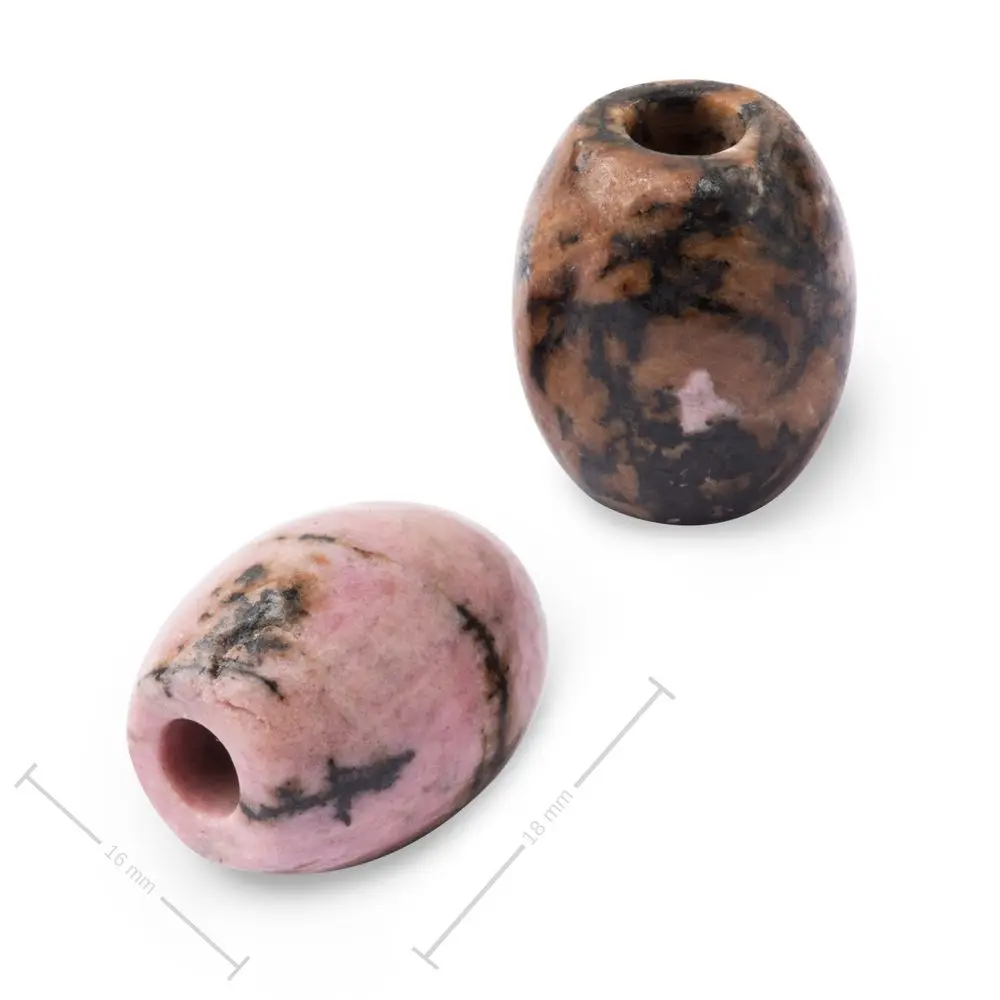 Korálek soudek z minerálu Rodonit s velkým průtahem pro Macramé 18x16 mm -