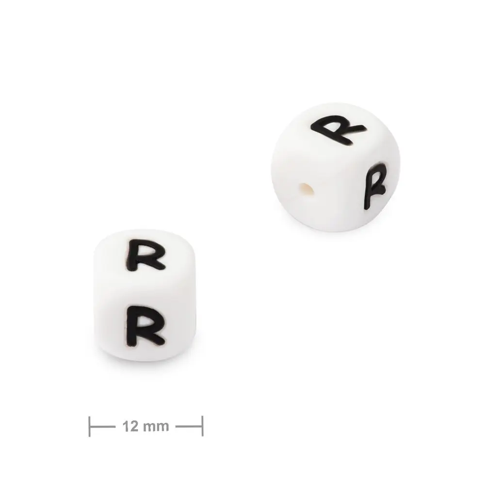 Silikonový korálek kostka 12 mm s písmenem R - 10 ks