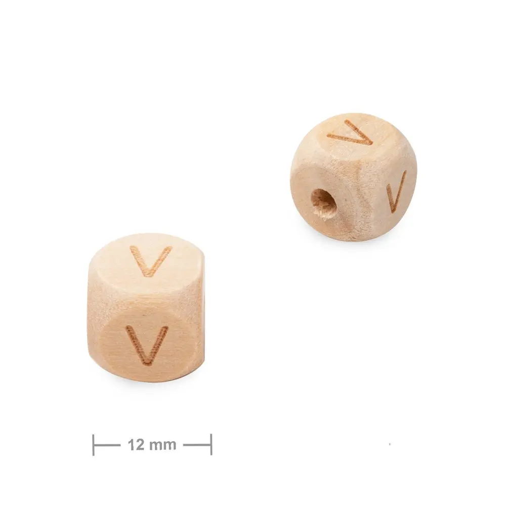Dřevěný korálek kostka 12 mm s písmenem V - 1 ks