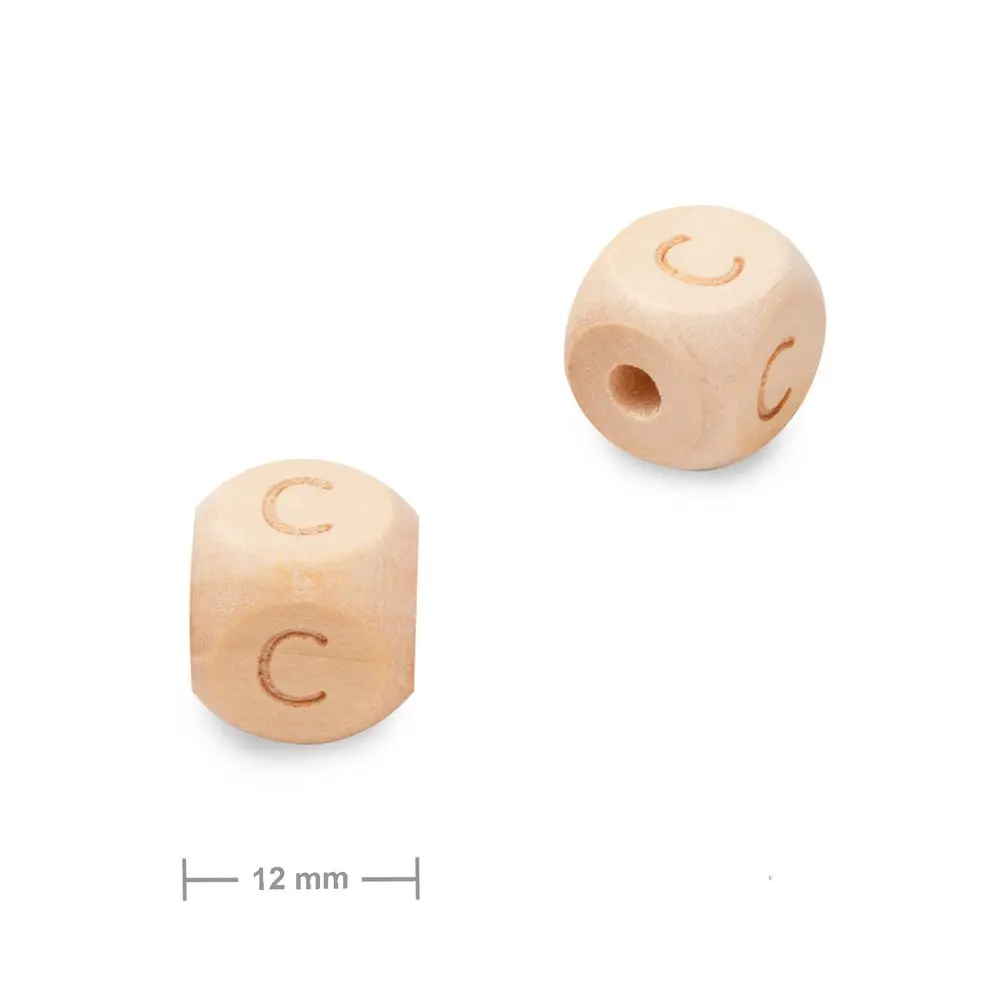 Dřevěný korálek kostka 12 mm s písmenem C - 1 ks