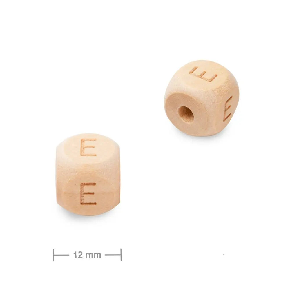 Dřevěný korálek kostka 12 mm s písmenem E - 1 ks