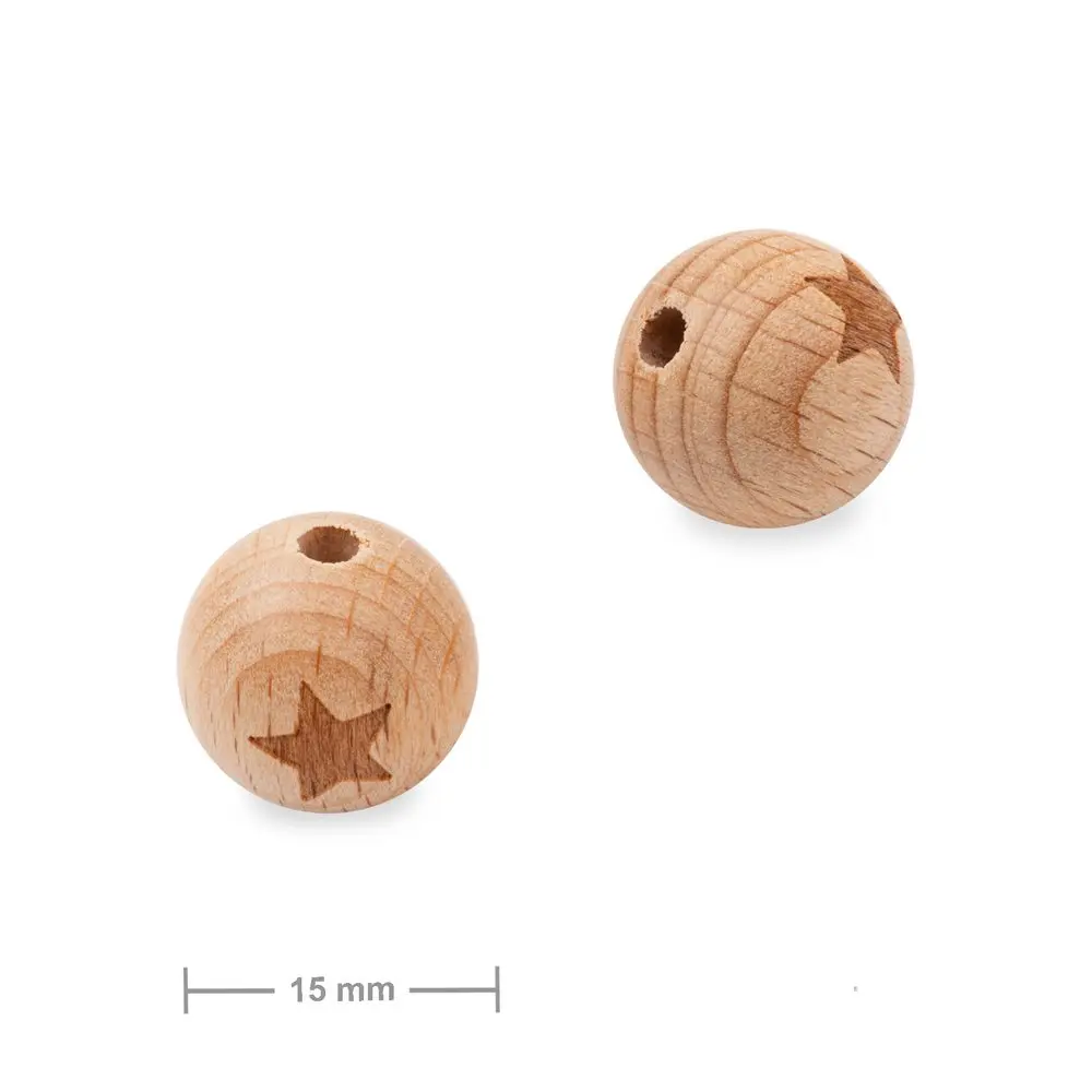 Dřevěné korálky kulička 15 mm s motivem hvězdy - 10 ks