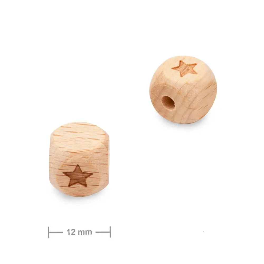 Dřevěné korálky kostka 12 mm s motivem hvězdy - 2 ks