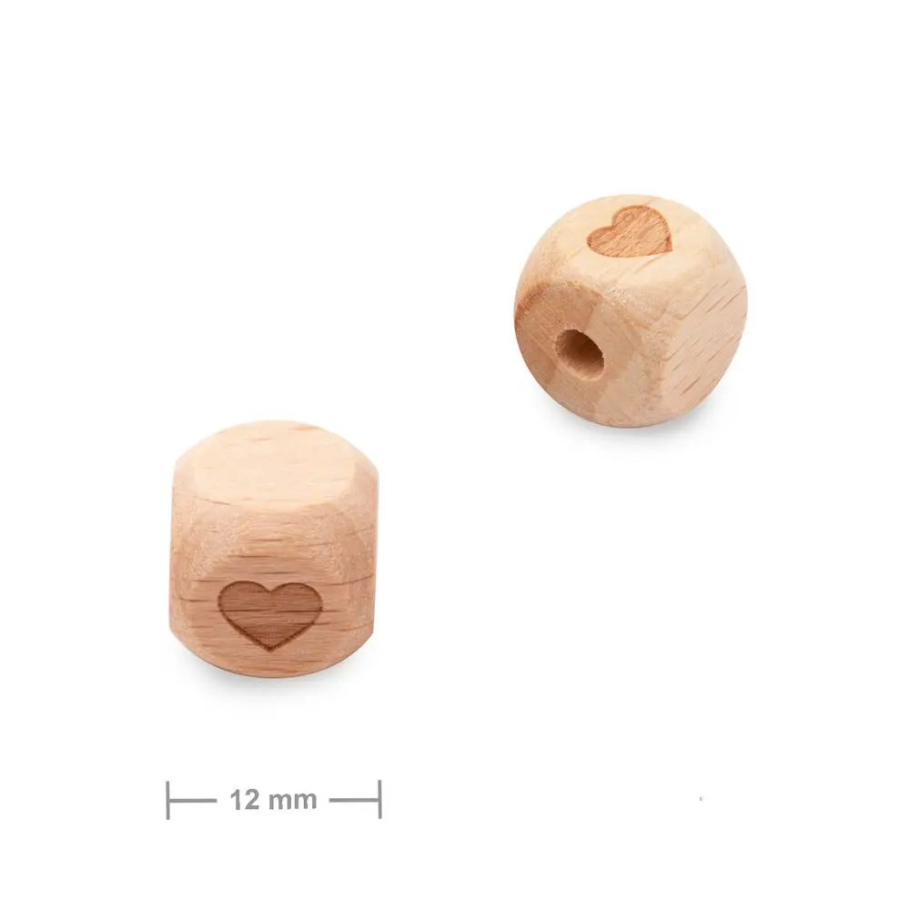 Dřevěné korálky kostka 12 mm s motivem srdce - 10 ks