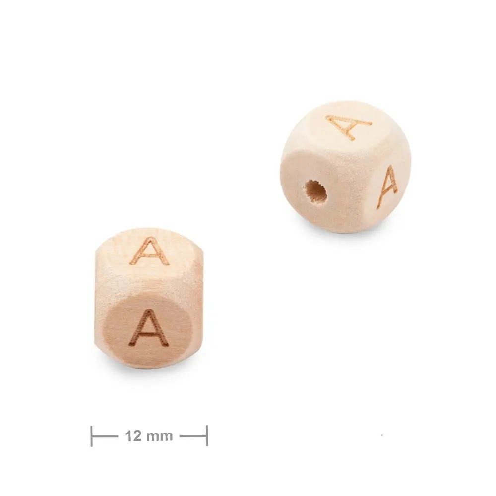 Dřevěný korálek kostka 12 mm s písmenem A - 10 ks