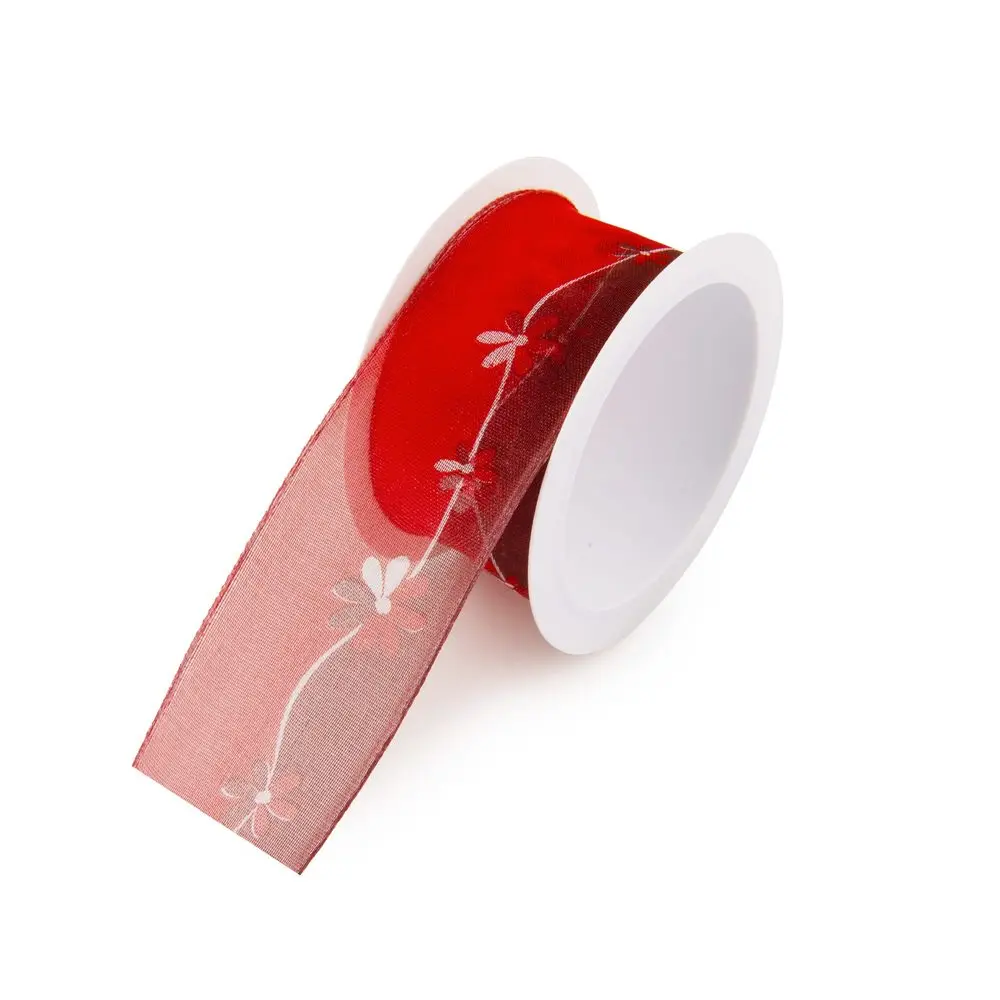 Dárková organzová stuha červená s květinami 40mm/2m - 1 ks