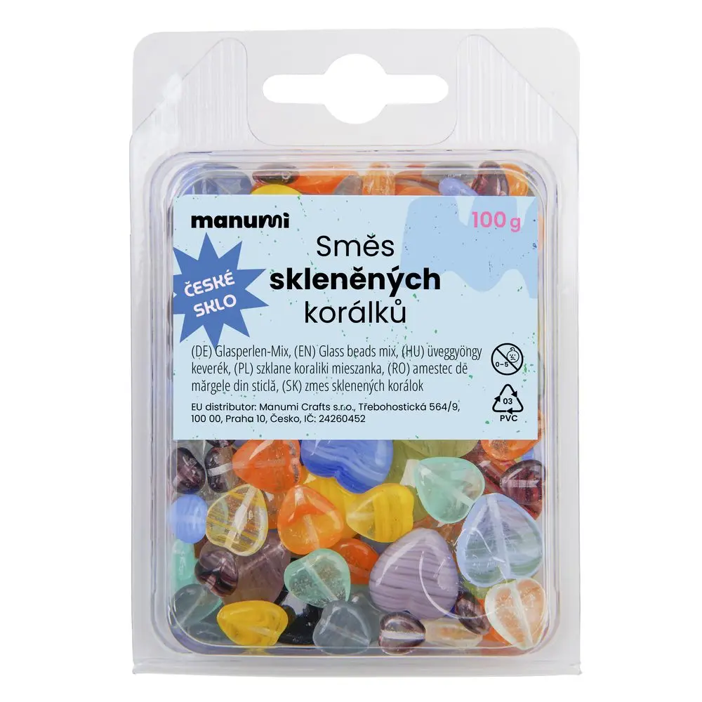 Manumi směs skleněných korálků srdíčka - 100 g