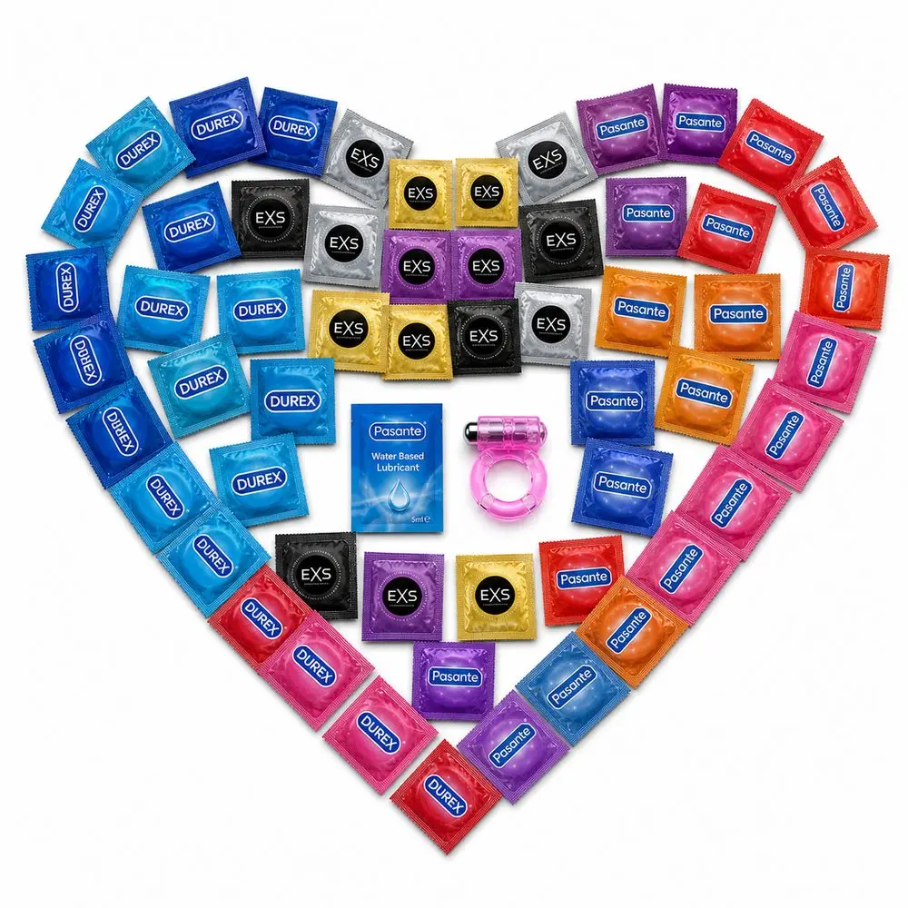 Maxi Balíček 55 kondomů Durex a Pasante + lubrikační gel  + vibrační kroužek