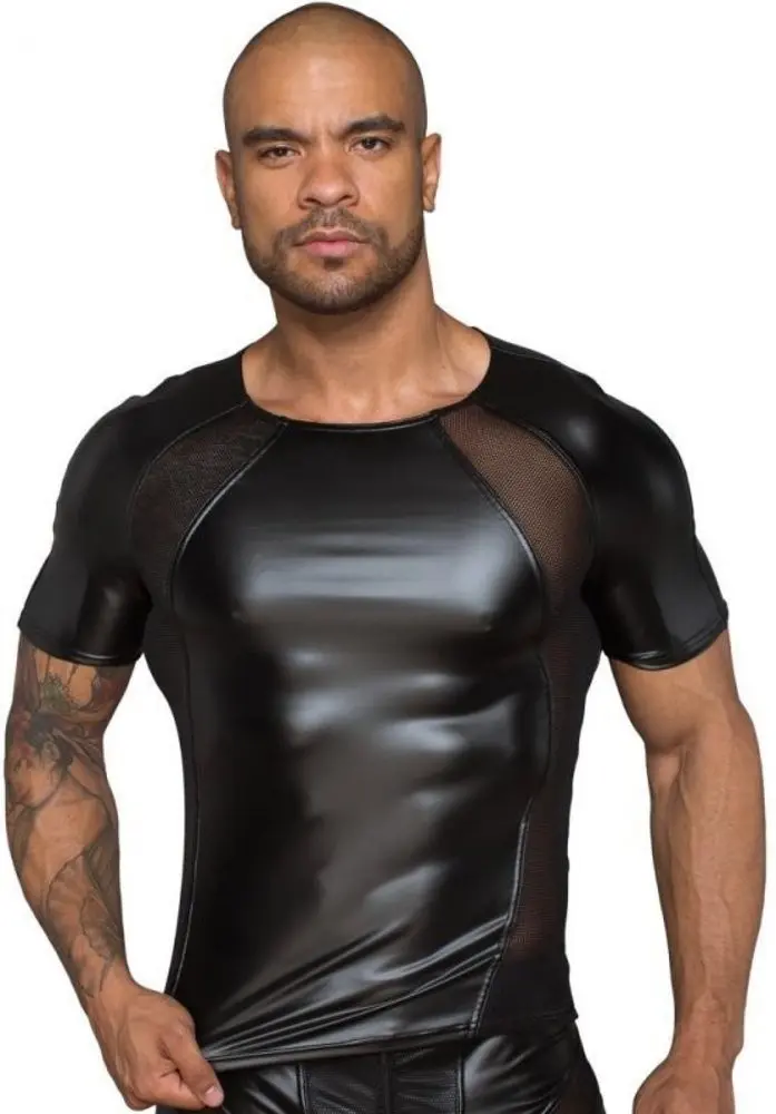 Noir Handmade H056 Men's T-Shirt Made of Powerwetlook with 3D Net Inserts -