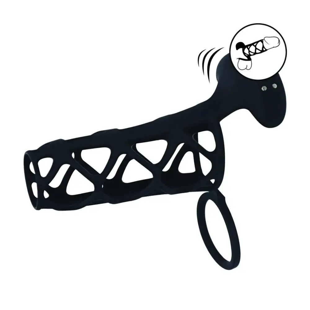 Vibrating Cage Silicone Cock Sleeve and Ball Ring - Black