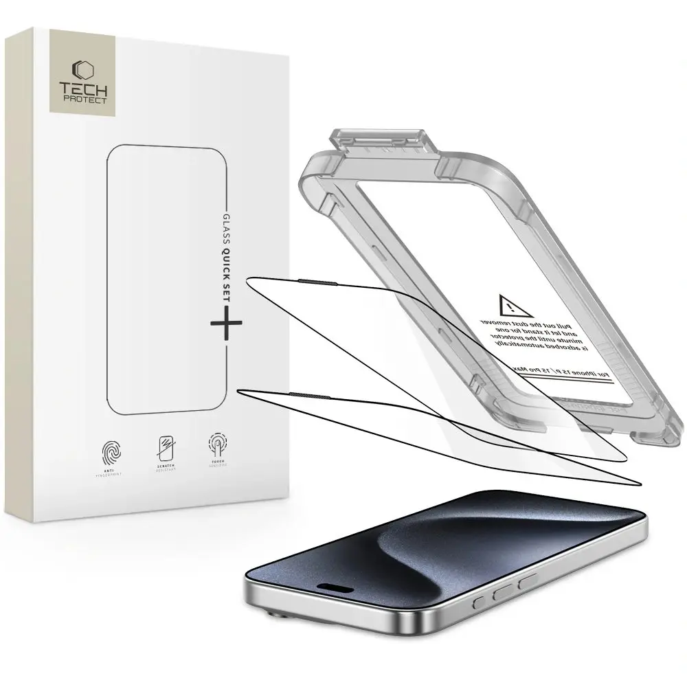 Tech-Protect Tvrzené sklo Quick Set+, iPhone 15 Pro, černé, 2 kusy