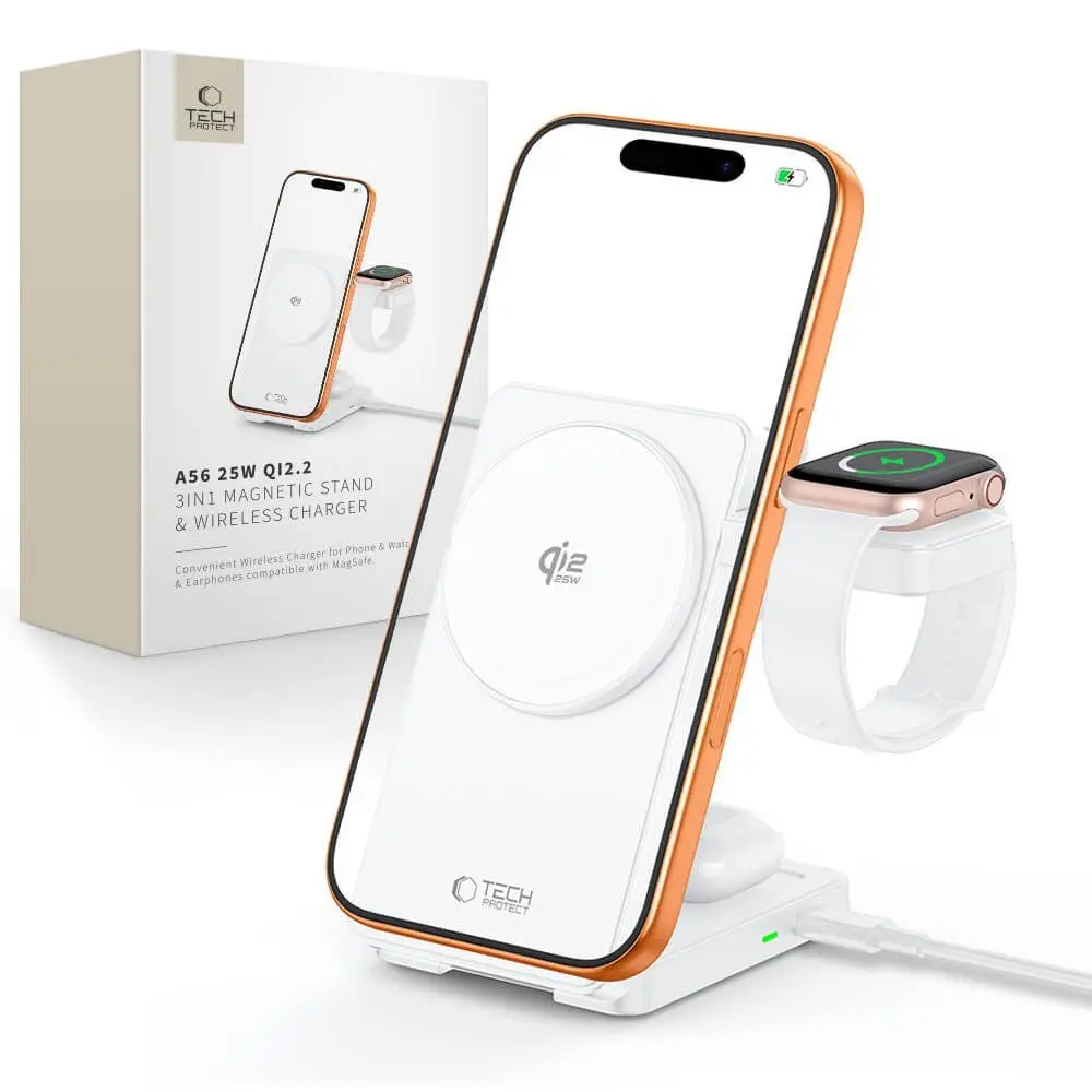 Tech-Protect A56 3v1 MagSafe bezdrátová nabíječka, 25 W, Qi2.2, bílá