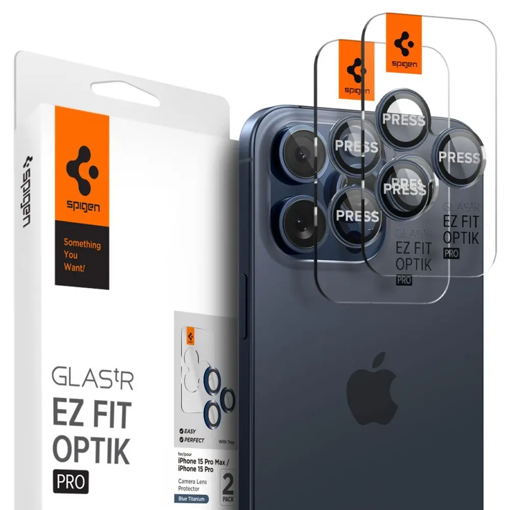 Spigen Optik.TR Ez Fit ochrana fotoaparátu, 2 kusy, iPhone 14 Pro / Max / 15 Pro / Max / 16 Pro / Max / 17 Pro / Max, modrá