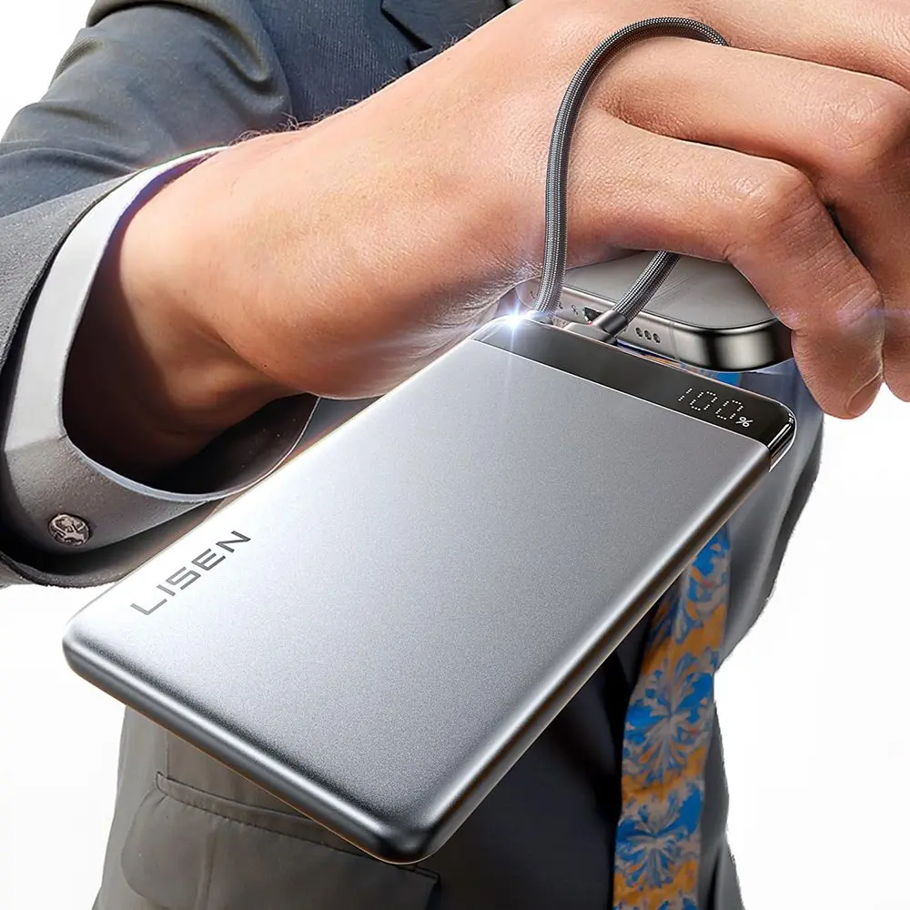 Lisen Powerbanka 10 000 mAh s vestavěným kabelem USB-C, PD 22,5 W, šedá