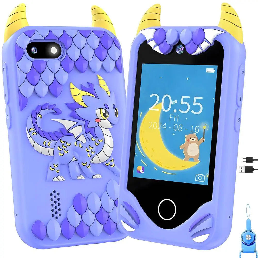 Chytrý telefon pro děti s hrami, MP3, duálním fotoaparátem a dotykovým displejem, fialový drak