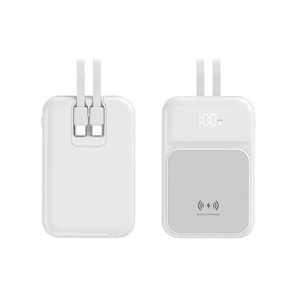 Bezdrátová Powerbanka se 2 vestavěnými kabely, 10000mAh, USB-C + Lightning, 15W, bílá