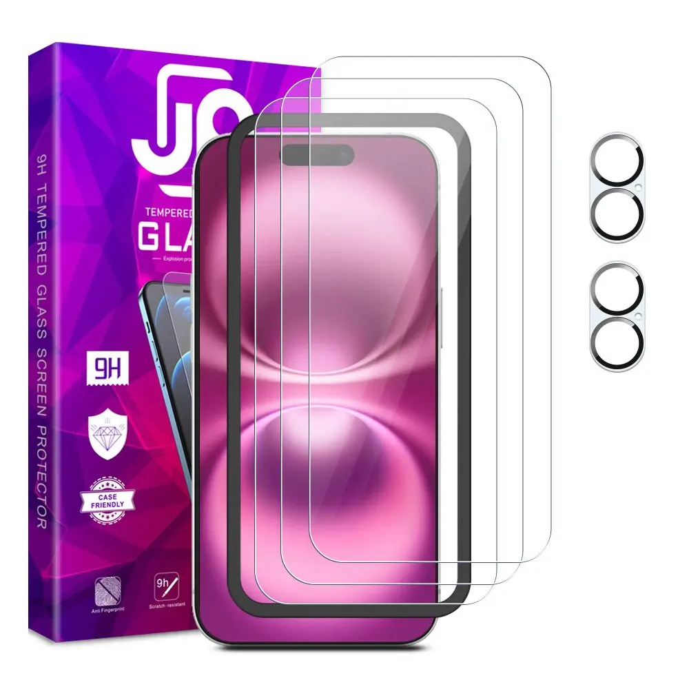 JP Mega Pack Tvrzených skel, 3 skla na telefon s aplikátorem + 2 skla na čočku, iPhone 16