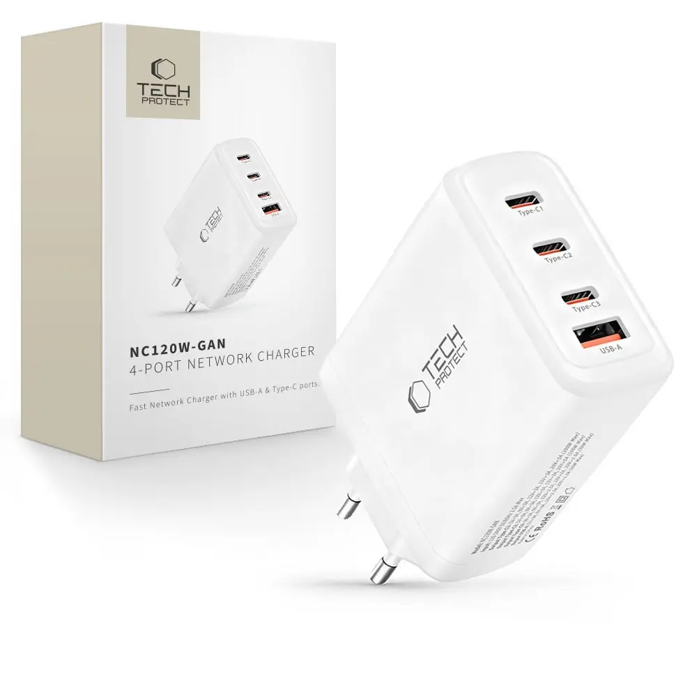 Tech-Protect NC120W-GAN 4-portová nabíječka PD 120W / QC3.0, bílá