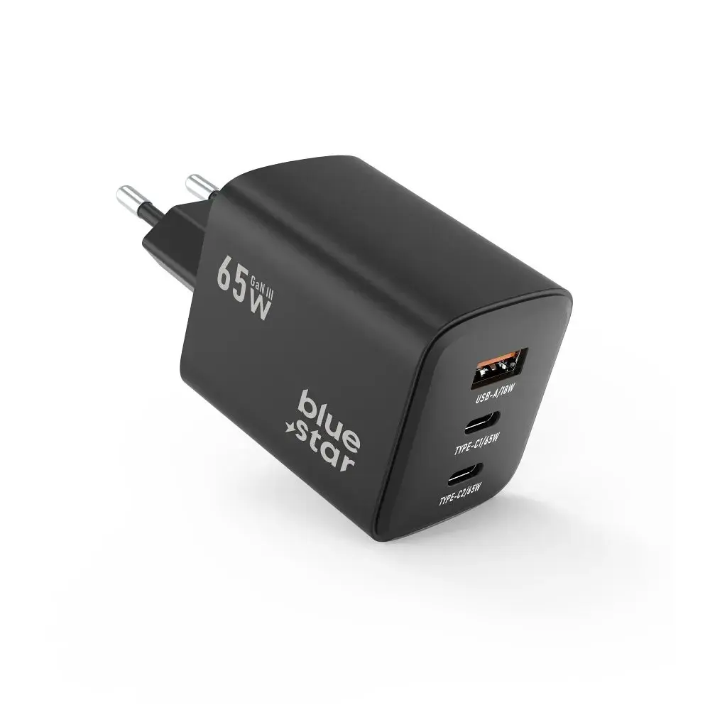 BlueStar adaptér 2x USB-C, USB-A, 65W, černý