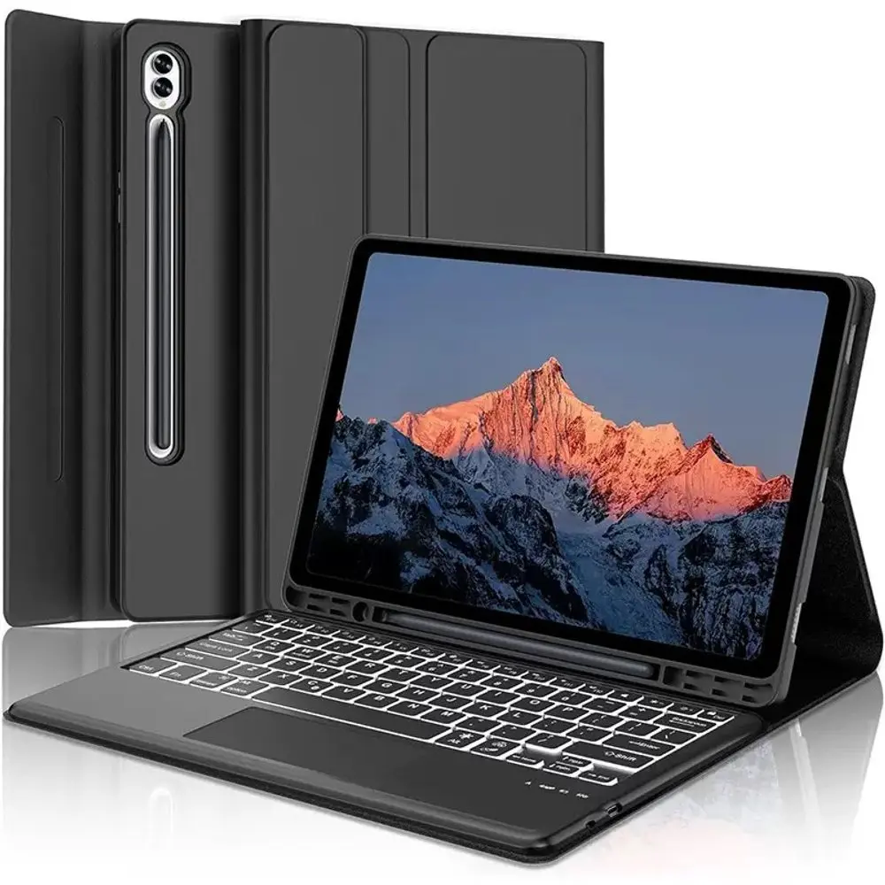 JP Magnetické pouzdro s Bluetooth klávesnicí, touchpadem, podsvícením a držákem pro stylus, Samsung Galaxy Tab S9+ / S10+ / S7 FE / S9 FE+, černé