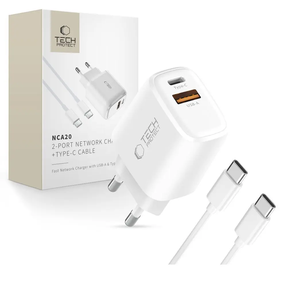 Tech-Protect NCA20 2-portová síťová nabíječka PD 20W / QC3.0 + kabel USB-C, bílá