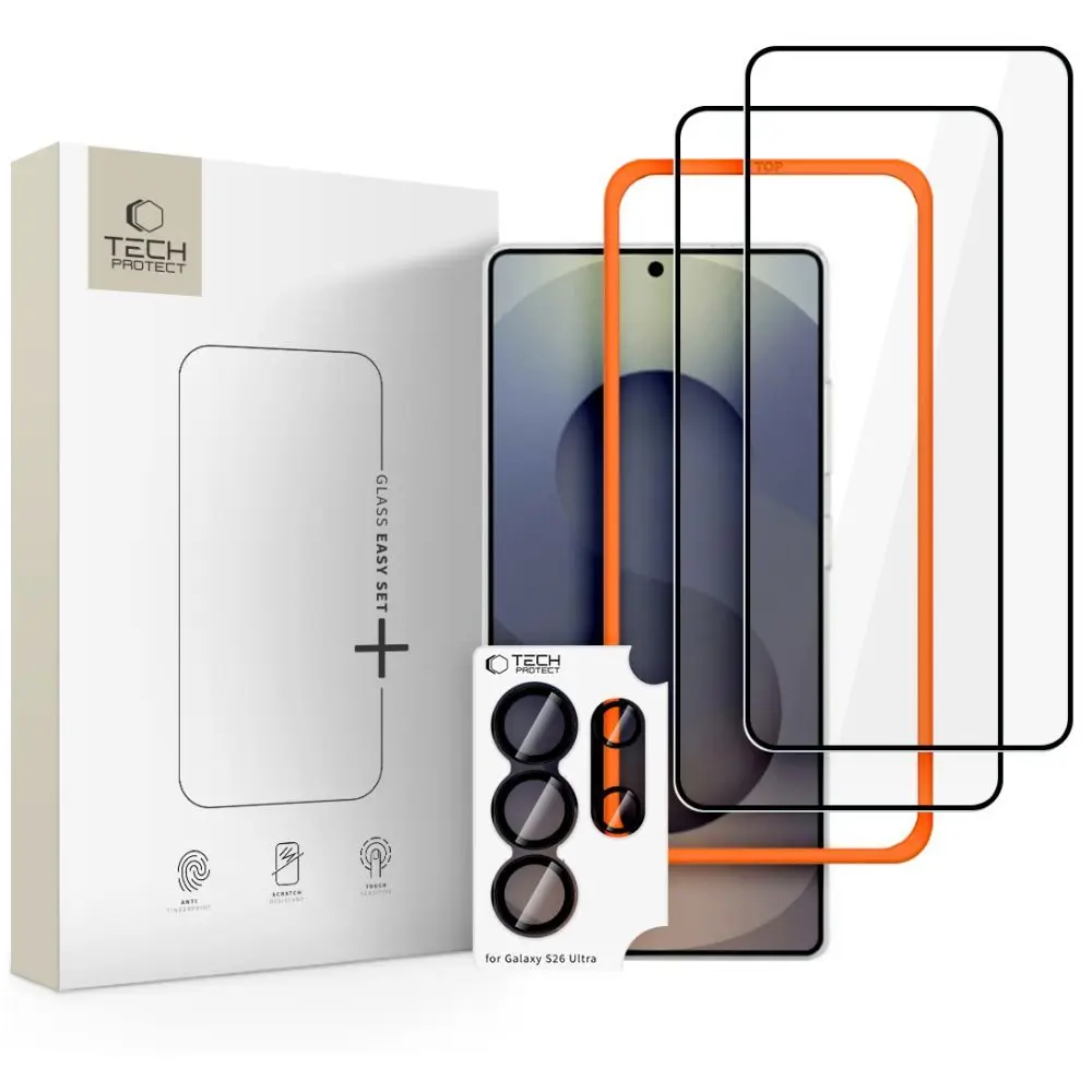 Tech-Protect Easy Set+, 2 tvrzené skla + sklo na čočku, Samsung Galaxy S26 Ultra, černá