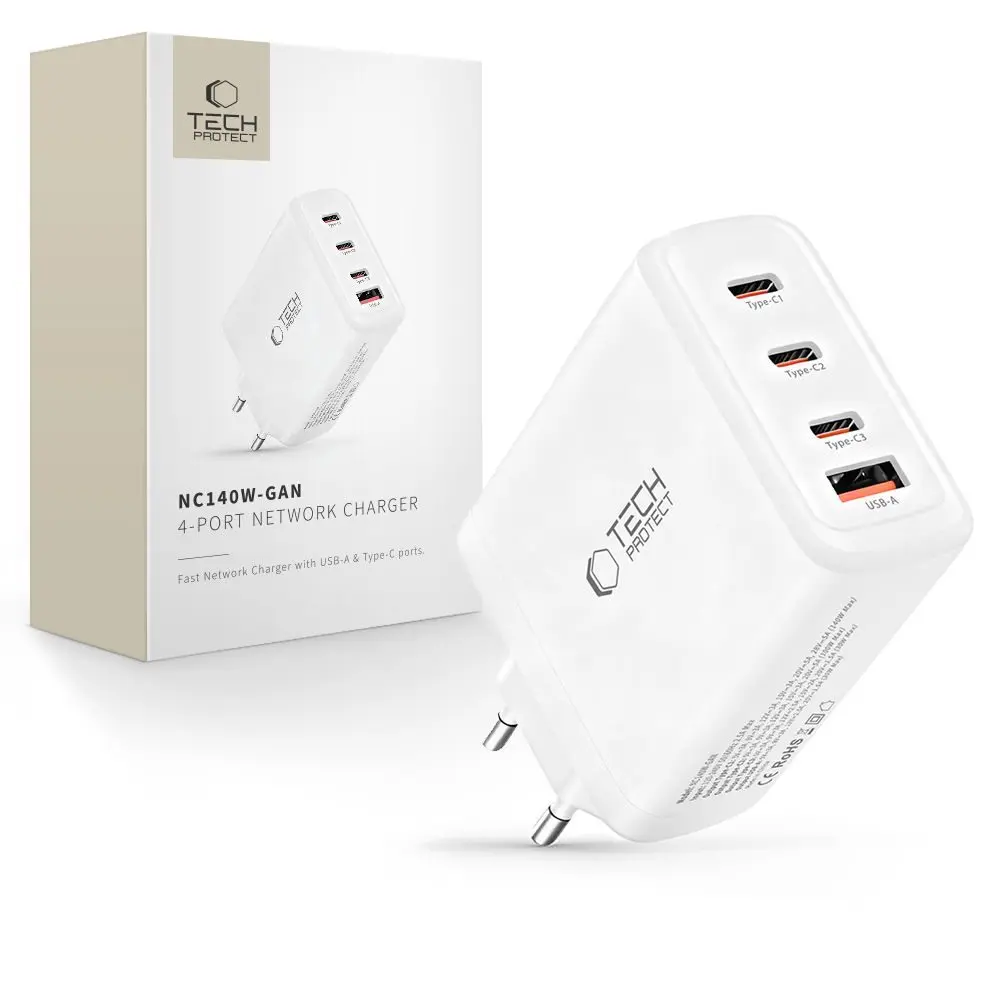 Tech-Protect NC140W-GAN 4-portová nabíječka PD 140W / QC3.0, bílá
