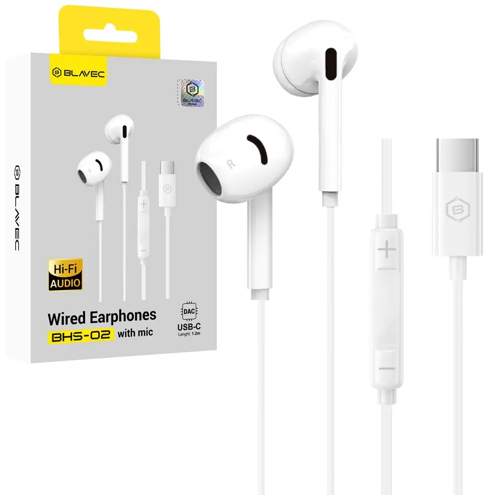Blavec BHS-02 drátová sluchátka s mikrofonem USB-C (DAC), bílá