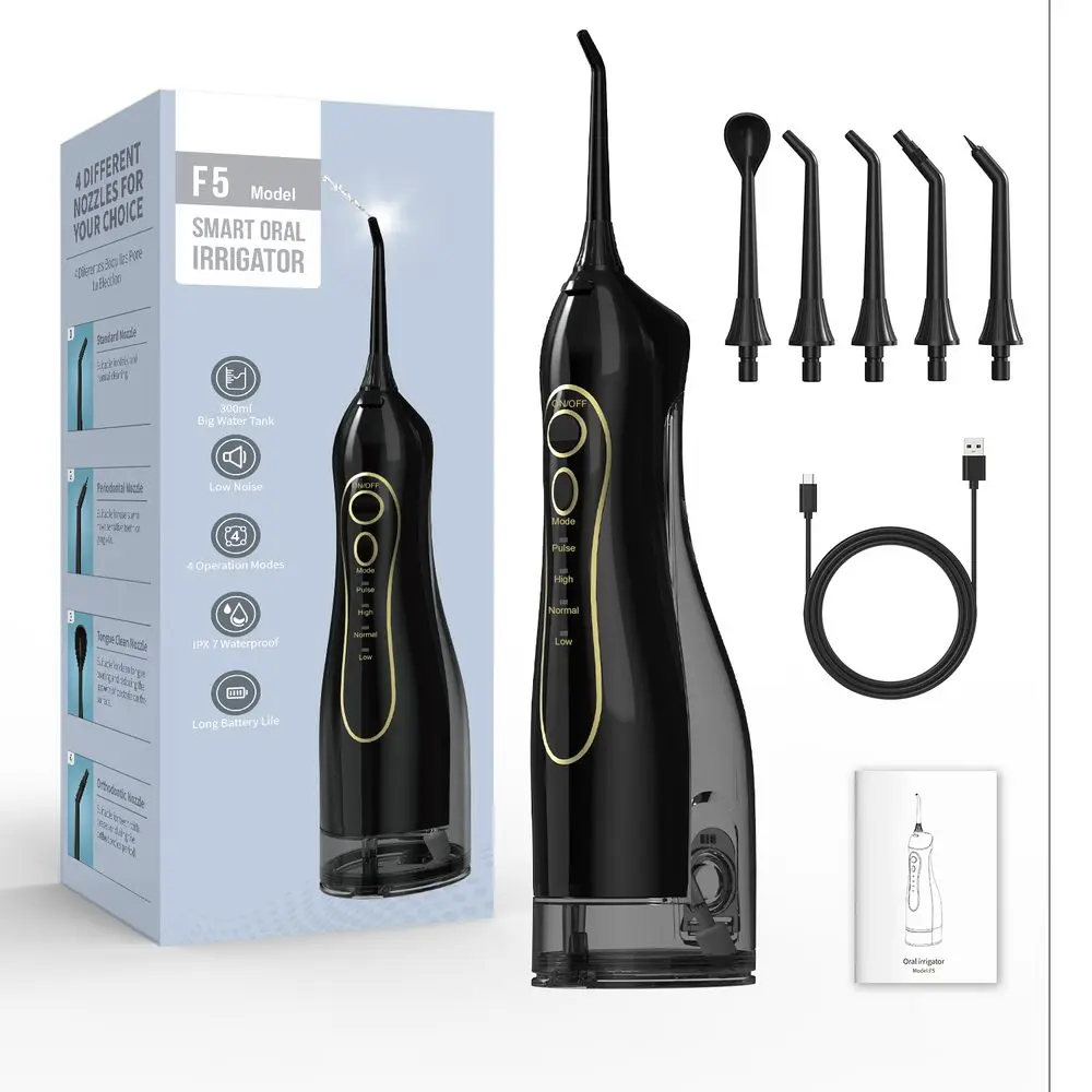 Bezdrátová ústní sprcha se sadou hlavic, 4 režimy, 300 ml nádrž, USB-C, černá